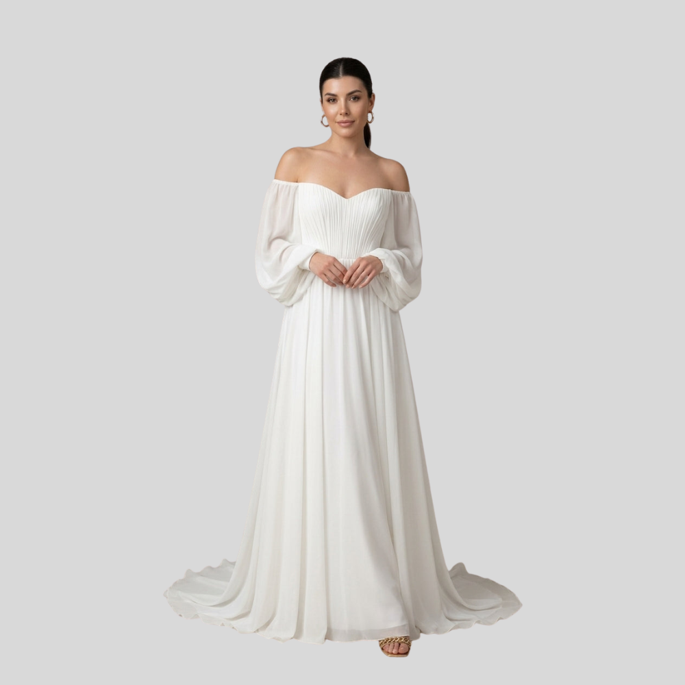 Damen Braut-Maxikleid | Off-Shoulder-Ausschnitt, Plissiertes Oberteil, Fliessende Silhouette & Zeitlose Romantische Eleganz