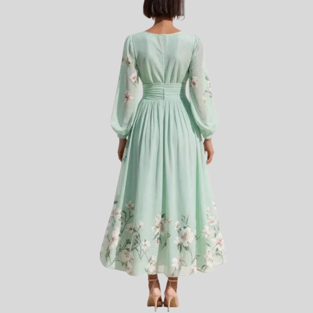 Damen Midi-Kleid | Blumenmuster, V-Ausschnitt, Puffärmel & Eleganter Festlicher Stil
