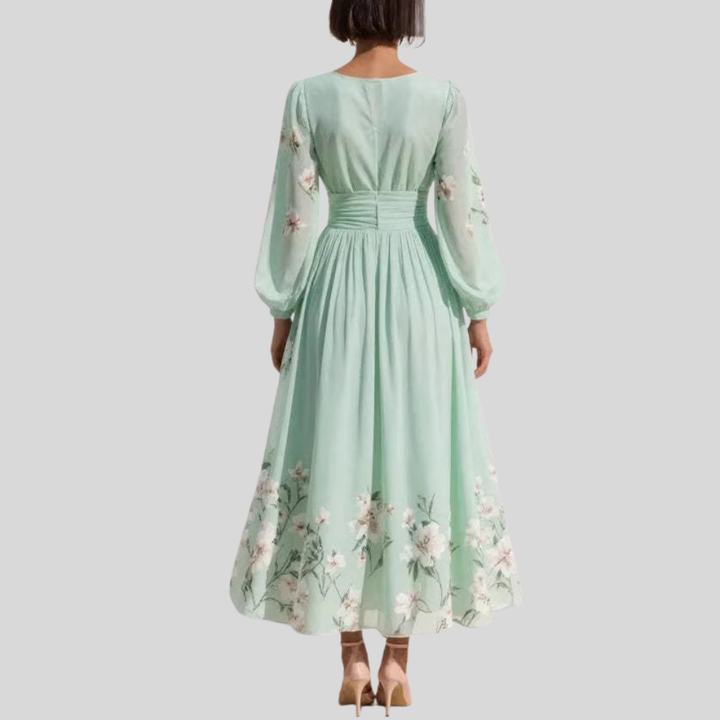Damen Midi-Kleid | Blumenmuster, V-Ausschnitt, Puffärmel & Eleganter Festlicher Stil