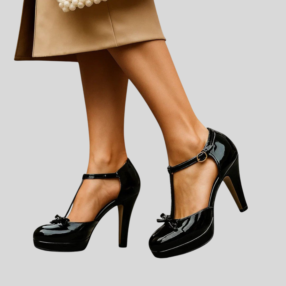 Damen Pumps | T-Steg-Design, Schleifenakzent, Blockabsatz & Festlich Eleganter Stil