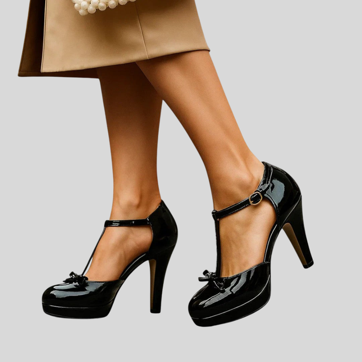 Damen Pumps | T-Steg-Design, Schleifenakzent, Blockabsatz & Festlich Eleganter Stil