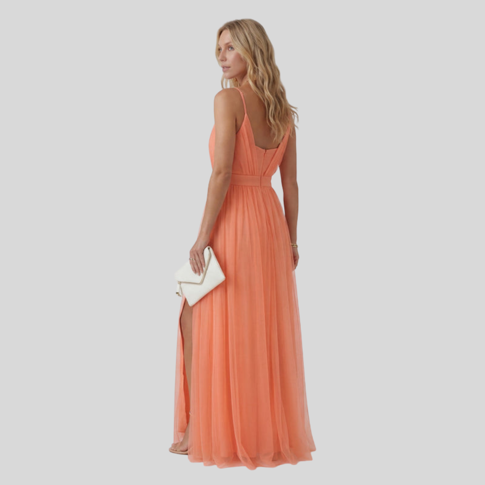 Damen Abend-Maxikleid | Tiefer V-Ausschnitt, Plissierter Rock, Seitenschlitz & Eleganter Gala-Stil