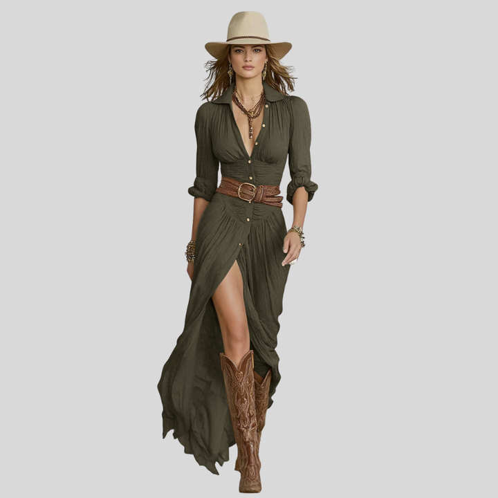 Damen Maxi-Hemdkleid | Taillengürtel, Seitenschlitz, Langarm-Design & Boho Sommerstil