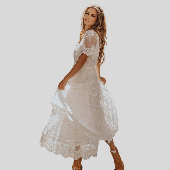 Damen Midi-Kleid | Spitzenbesatz, V-Ausschnitt, Gestufter Rock & Romantisch Eleganter Stil