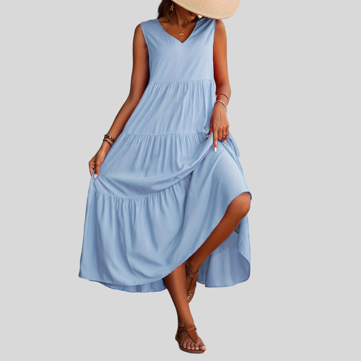 Damen Maxi-Kleid | Ärmelloses Design, V-Ausschnitt, Stufenrock & Sommerlich Eleganter Stil