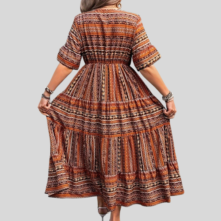 Damen Maxi-Kleid | Ethnomuster, Volantstufen, Langarmdesign & Boho Sommerstil