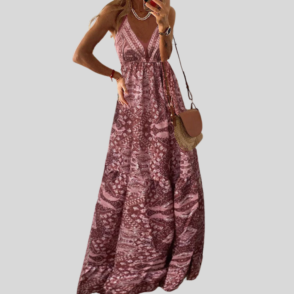 Damen Maxi-Kleid | V-Ausschnitt, Ärmelloses Design, Boho-Muster & Fliessende Sommer-Eleganz