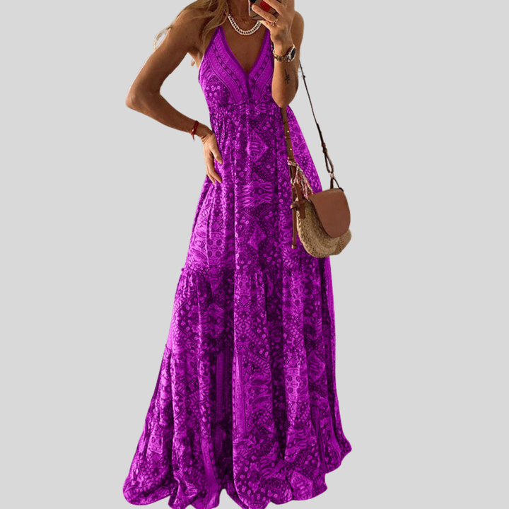 Damen Maxi-Kleid | V-Ausschnitt, Ärmelloses Design, Boho-Muster & Fliessende Sommer-Eleganz
