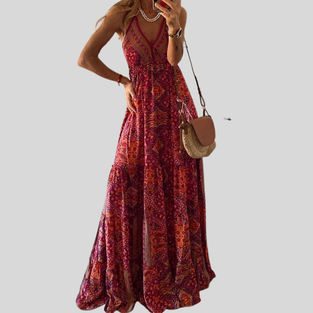 Damen Maxi-Kleid | V-Ausschnitt, Ärmelloses Design, Boho-Muster & Fliessende Sommer-Eleganz