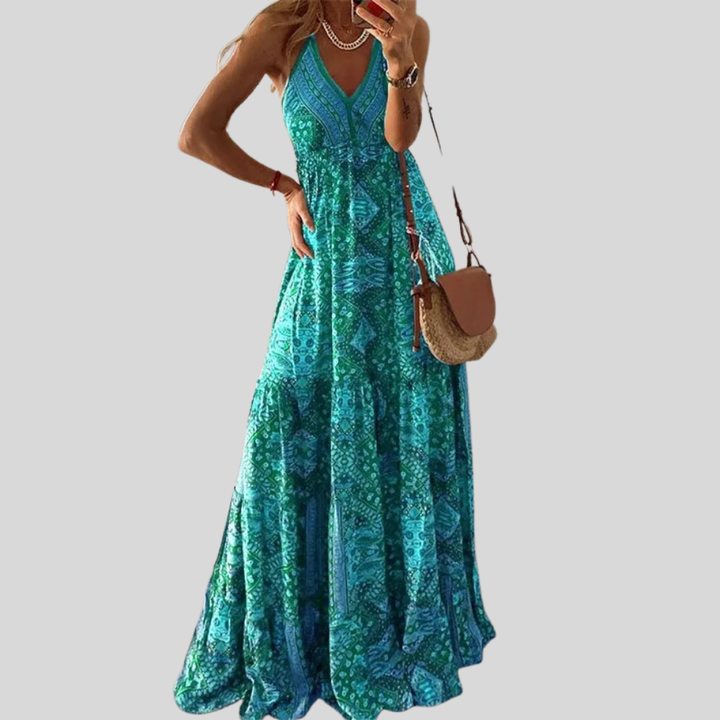 Damen Maxi-Kleid | V-Ausschnitt, Ärmelloses Design, Boho-Muster & Fliessende Sommer-Eleganz