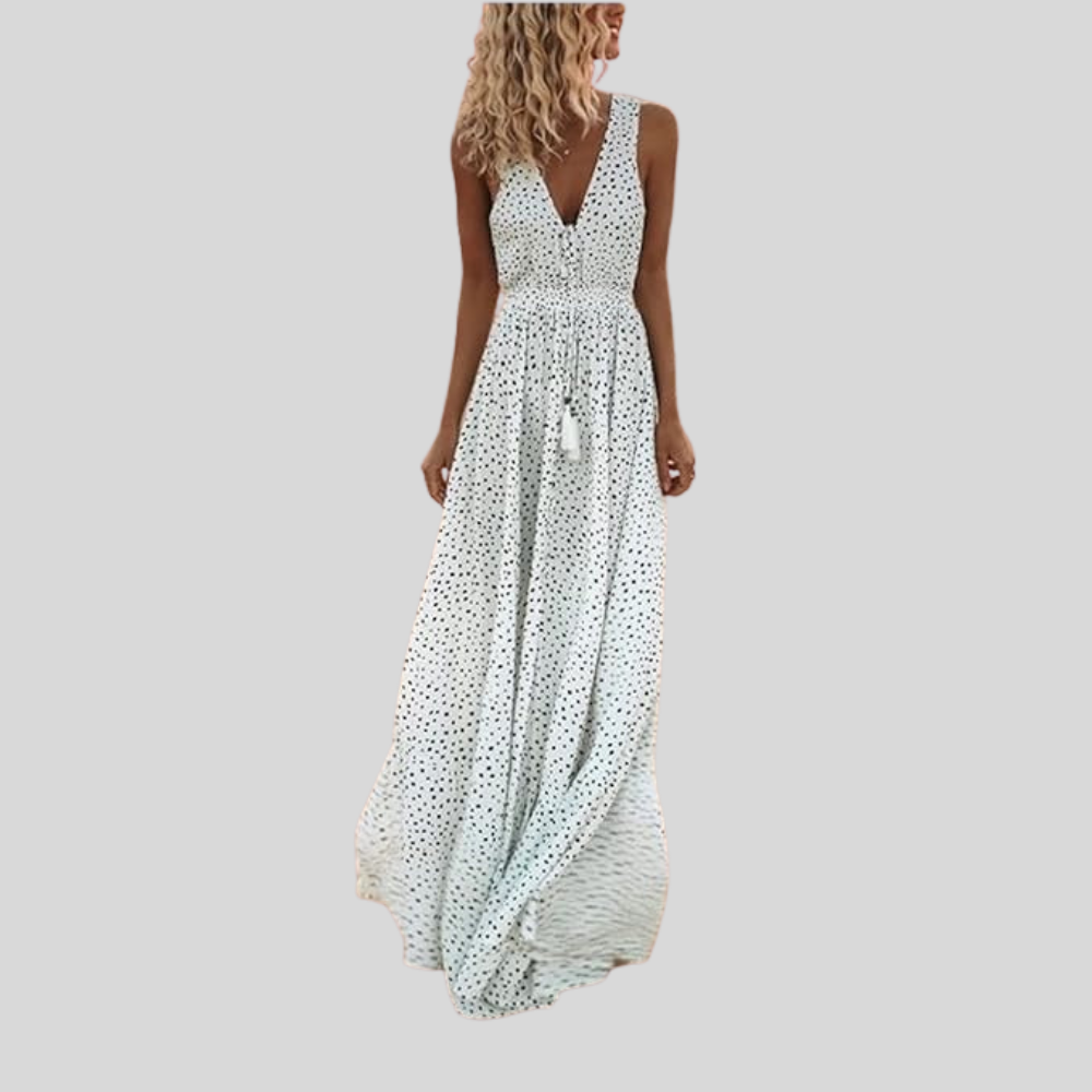 Damen Maxi-Kleid | Punktmuster, Tiefer V-Ausschnitt, Ärmelloses Design & Eleganter Ferien-Look