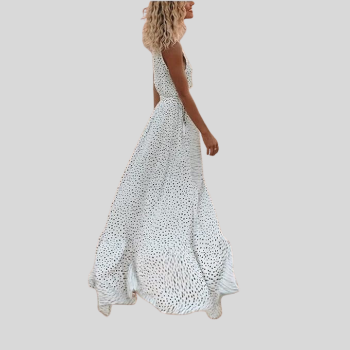 Damen Maxi-Kleid | Punktmuster, Tiefer V-Ausschnitt, Ärmelloses Design & Eleganter Ferien-Look