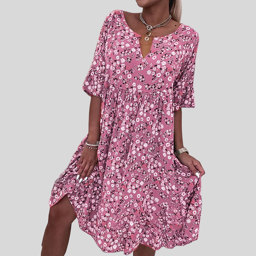 Damen Mini-Kleid | Blumenmuster, V-Ausschnitt Mit Kerbdetail, Volantärmel & Lässiger Sommerstil