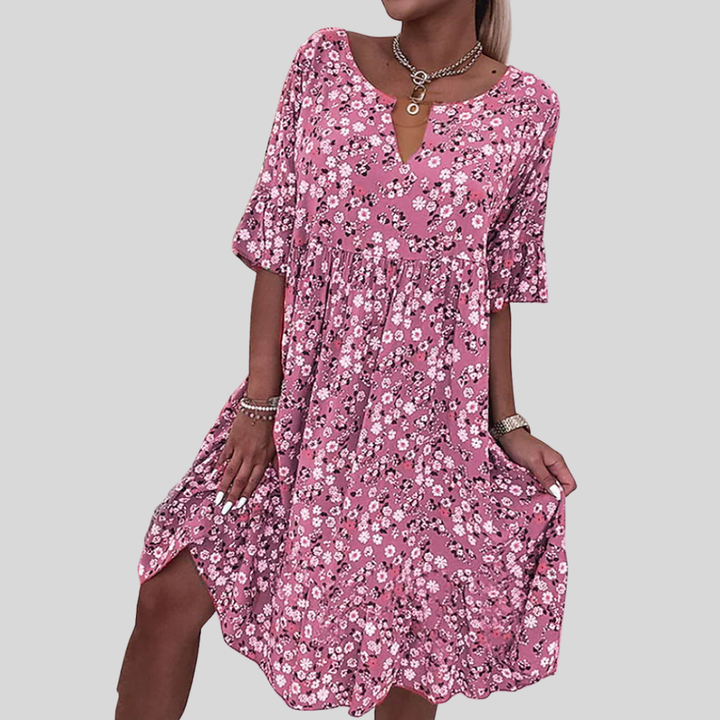 Damen Mini-Kleid | Blumenmuster, V-Ausschnitt Mit Kerbdetail, Volantärmel & Lässiger Sommerstil