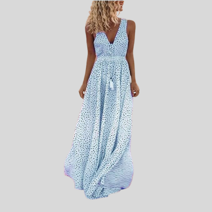 Damen Maxi-Kleid | Punktmuster, Tiefer V-Ausschnitt, Ärmelloses Design & Eleganter Ferien-Look