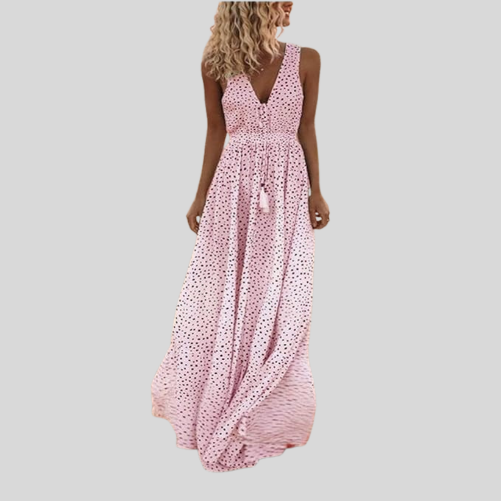 Damen Maxi-Kleid | Punktmuster, Tiefer V-Ausschnitt, Ärmelloses Design & Eleganter Ferien-Look
