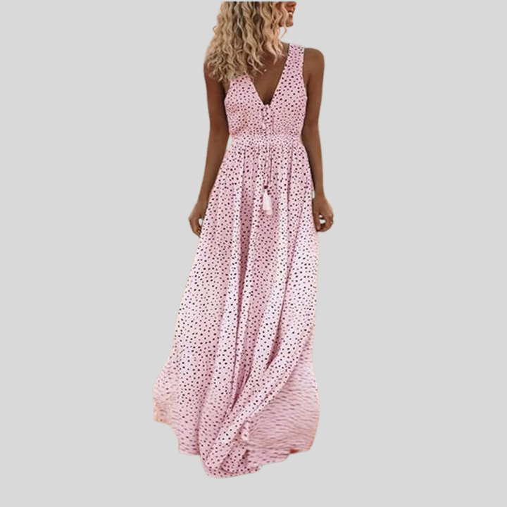 Damen Maxi-Kleid | Punktmuster, Tiefer V-Ausschnitt, Ärmelloses Design & Eleganter Ferien-Look