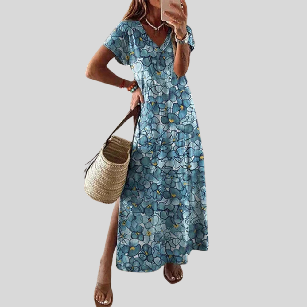 Damen Maxi-Kleid | Ornamentmuster, V-Ausschnitt, Seitenschlitz & Eleganter Boho-Stil