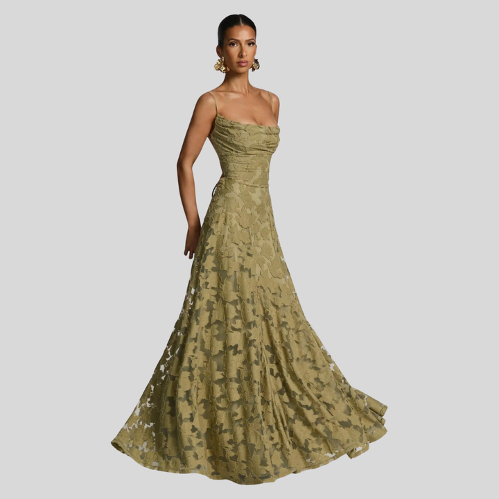 Damen Abend-Maxikleid | Florale Struktur, Spaghettiträger, A-Linien-Schnitt & Eleganter Festlicher Stil