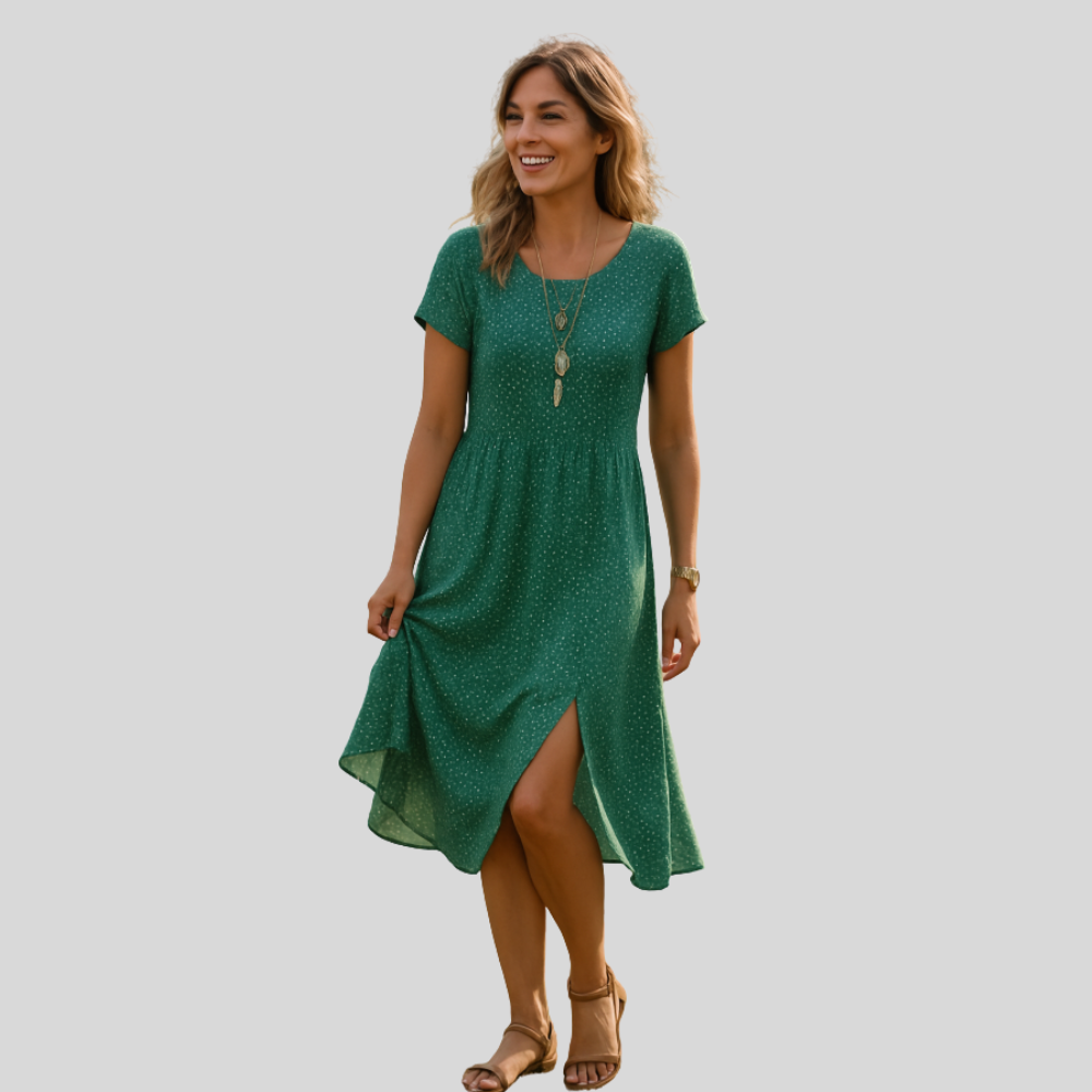 Damen Midi-Kleid | Punktmuster, Lockerer Schnitt, Kurzarm & Lässiger Sommerlicher Stil