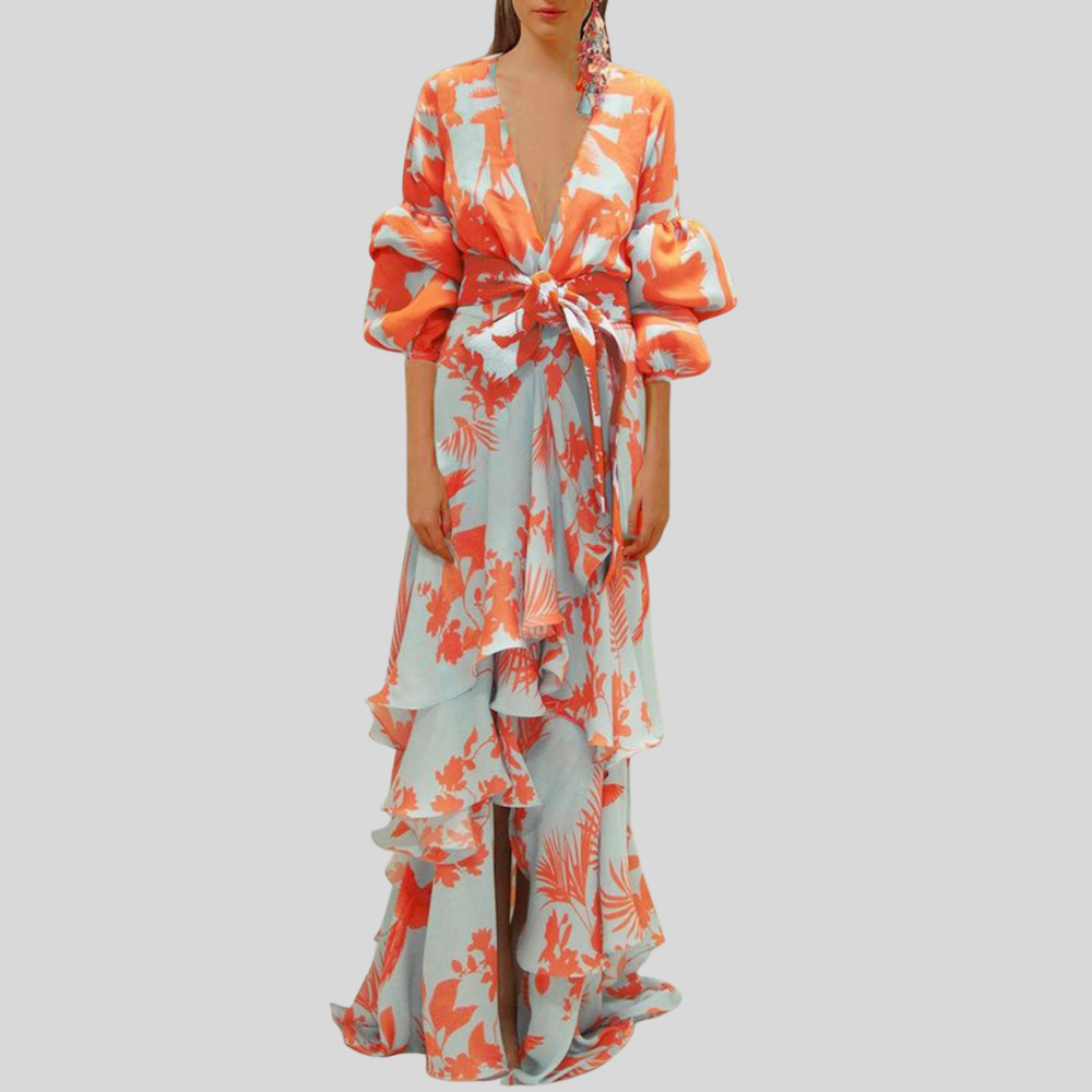 Damen Maxi-Wickelkleid | Tiefes V-Dekolleté, Volumenärmel, Volantstufen & Festlich Eleganter Stil
