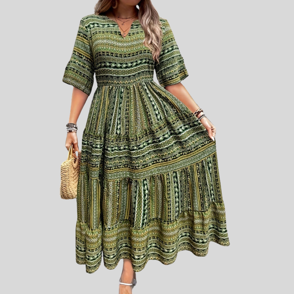 Damen Maxi-Kleid | Ethnomuster, Volantstufen, Langarmdesign & Boho Sommerstil