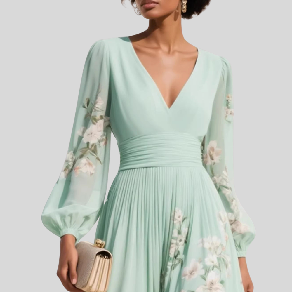 Damen Midi-Kleid | Blumenmuster, V-Ausschnitt, Puffärmel & Eleganter Festlicher Stil