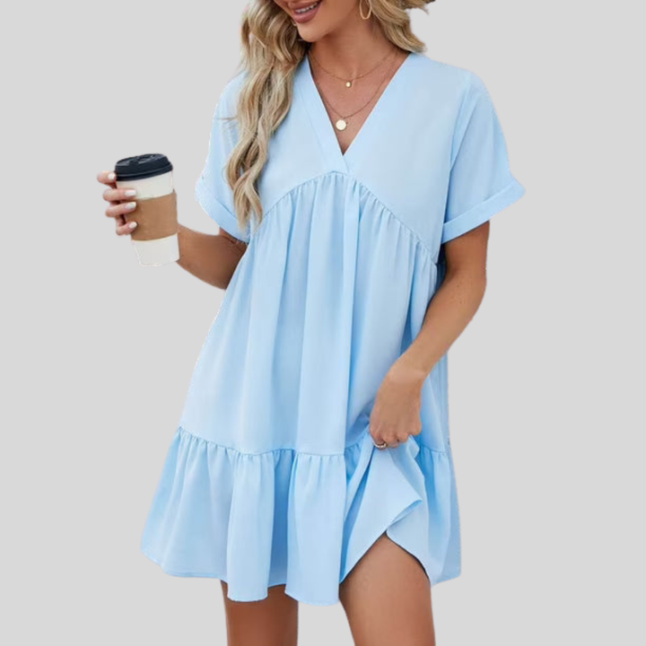 Damen Mini-Kleid | V-Ausschnitt, Volantsaum, Lockerer Schnitt & Luftiger Sommerstil