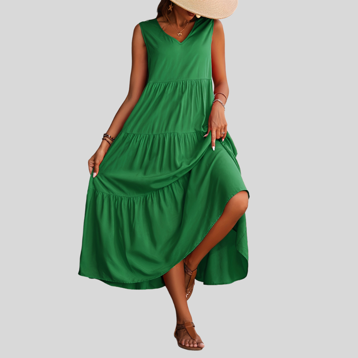 Damen Maxi-Kleid | Ärmelloses Design, V-Ausschnitt, Stufenrock & Sommerlich Eleganter Stil