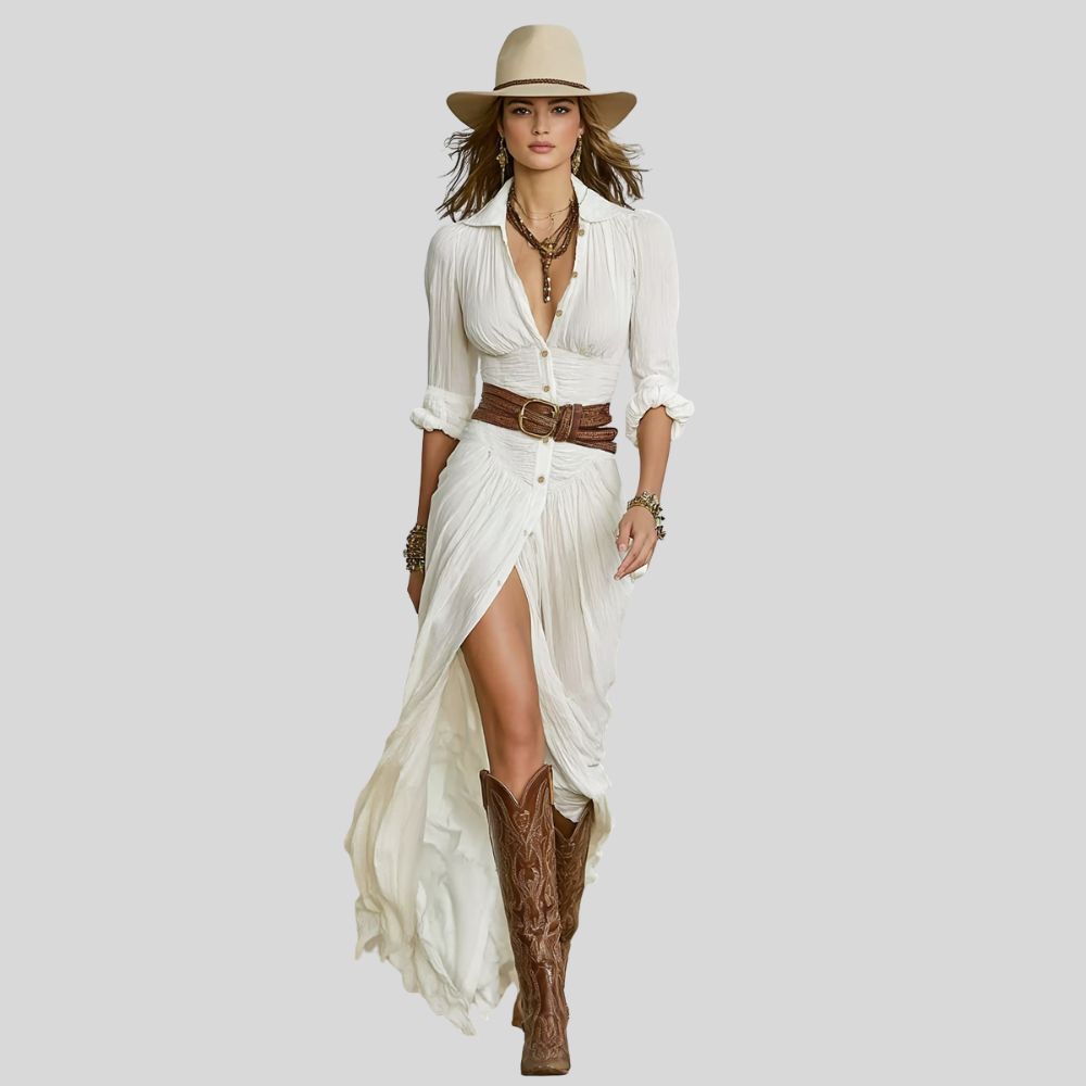 Damen Maxi-Hemdkleid | Taillengürtel, Seitenschlitz, Langarm-Design & Boho Sommerstil