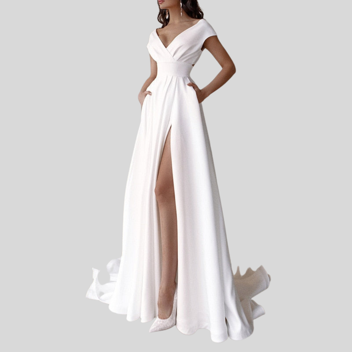Damen Braut-Maxikleid | Off-Shoulder-Ausschnitt, Seitenschlitz, Betonte Taille & Eleganter Hochzeitsstil