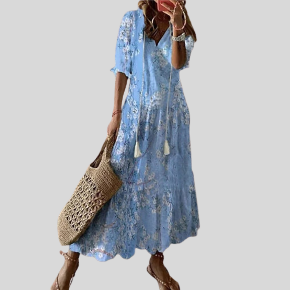 Damen Maxi-Kleid | Blumenmuster, Quastenband, Stufenrock & Boho Sommerstil