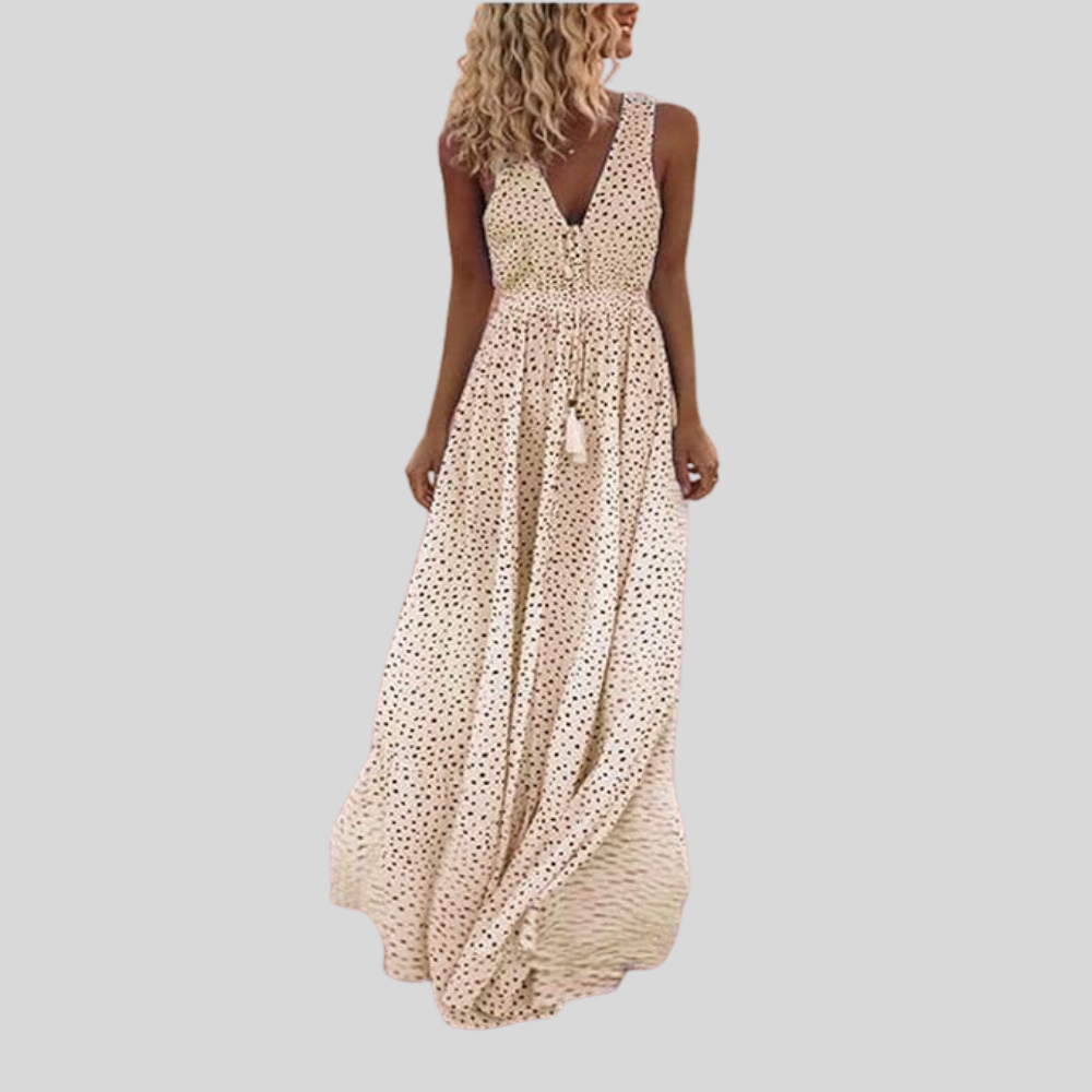 Damen Maxi-Kleid | Punktmuster, Tiefer V-Ausschnitt, Ärmelloses Design & Eleganter Ferien-Look