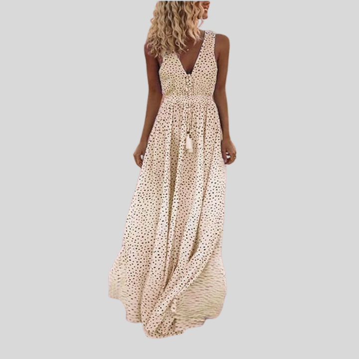 Damen Maxi-Kleid | Punktmuster, Tiefer V-Ausschnitt, Ärmelloses Design & Eleganter Ferien-Look