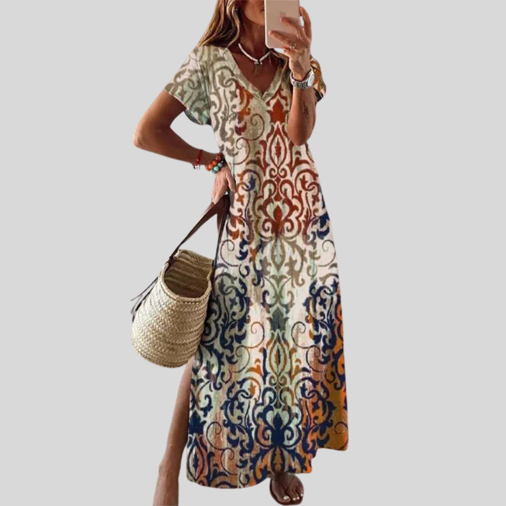 Damen Maxi-Kleid | Ornamentmuster, V-Ausschnitt, Seitenschlitz & Eleganter Boho-Stil