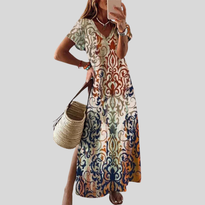Damen Maxi-Kleid | Ornamentmuster, V-Ausschnitt, Seitenschlitz & Eleganter Boho-Stil