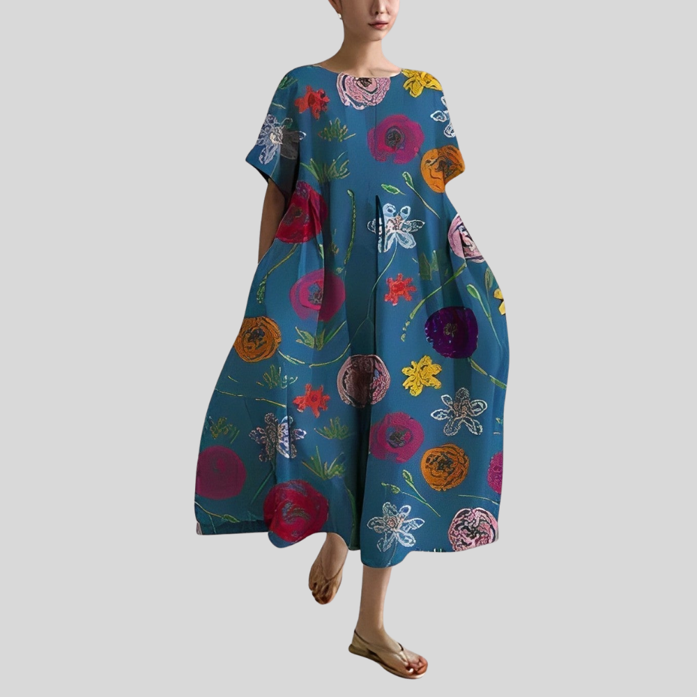 Damen Midi-Kleid | Abstrakter Blumenprint, Lockerer Schnitt, Kurzarm & Künstlerisch Modernes Design