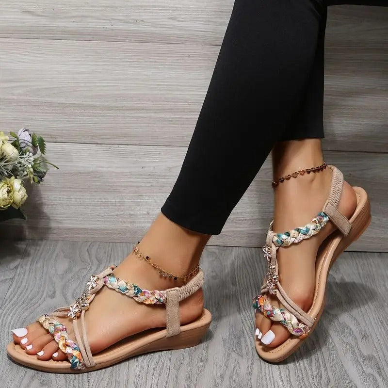 Damen Boho-Sandalen – Geflochtenes Design, Elastischer Fersenriemen & Stilvoll