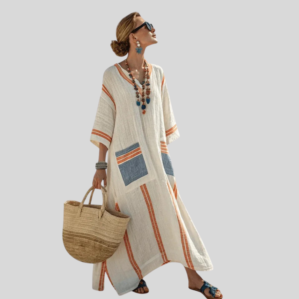 Damen Maxi-Kaftankleid | V-Ausschnitt, Lockerer Schnitt, Resort-Stil & Sommerlich Elegante Ausstrahlung