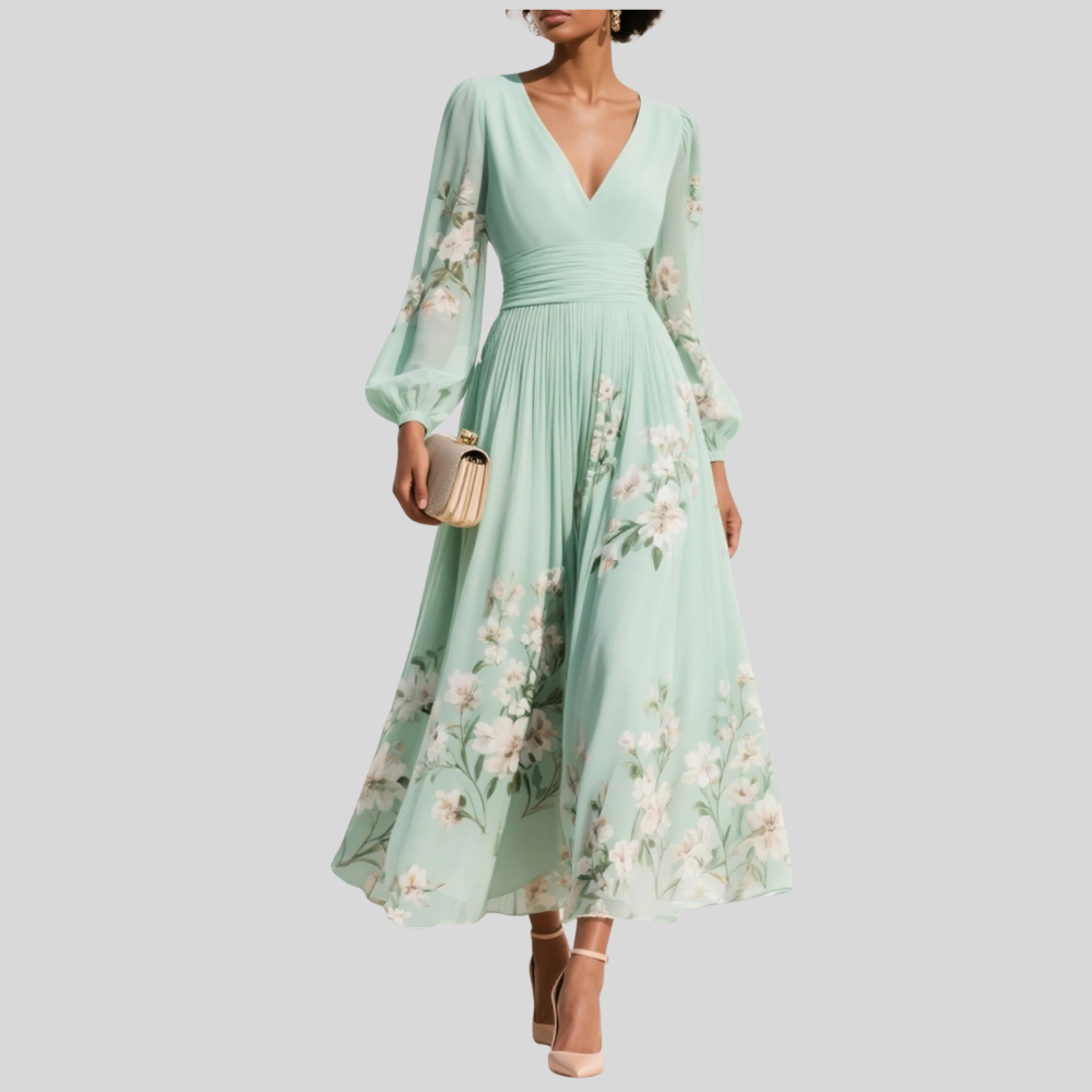 Damen Midi-Kleid | Blumenmuster, V-Ausschnitt, Puffärmel & Eleganter Festlicher Stil