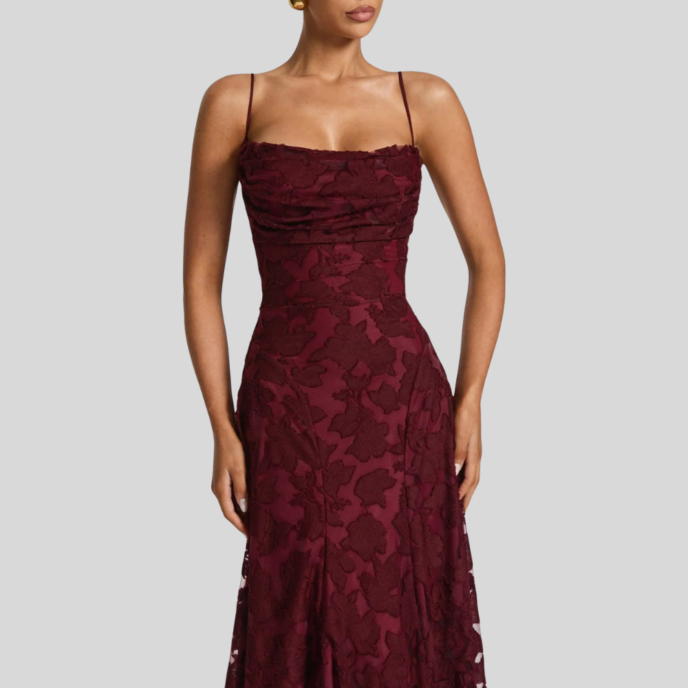 Damen Abend-Maxikleid | Florale Struktur, Spaghettiträger, A-Linien-Schnitt & Eleganter Festlicher Stil