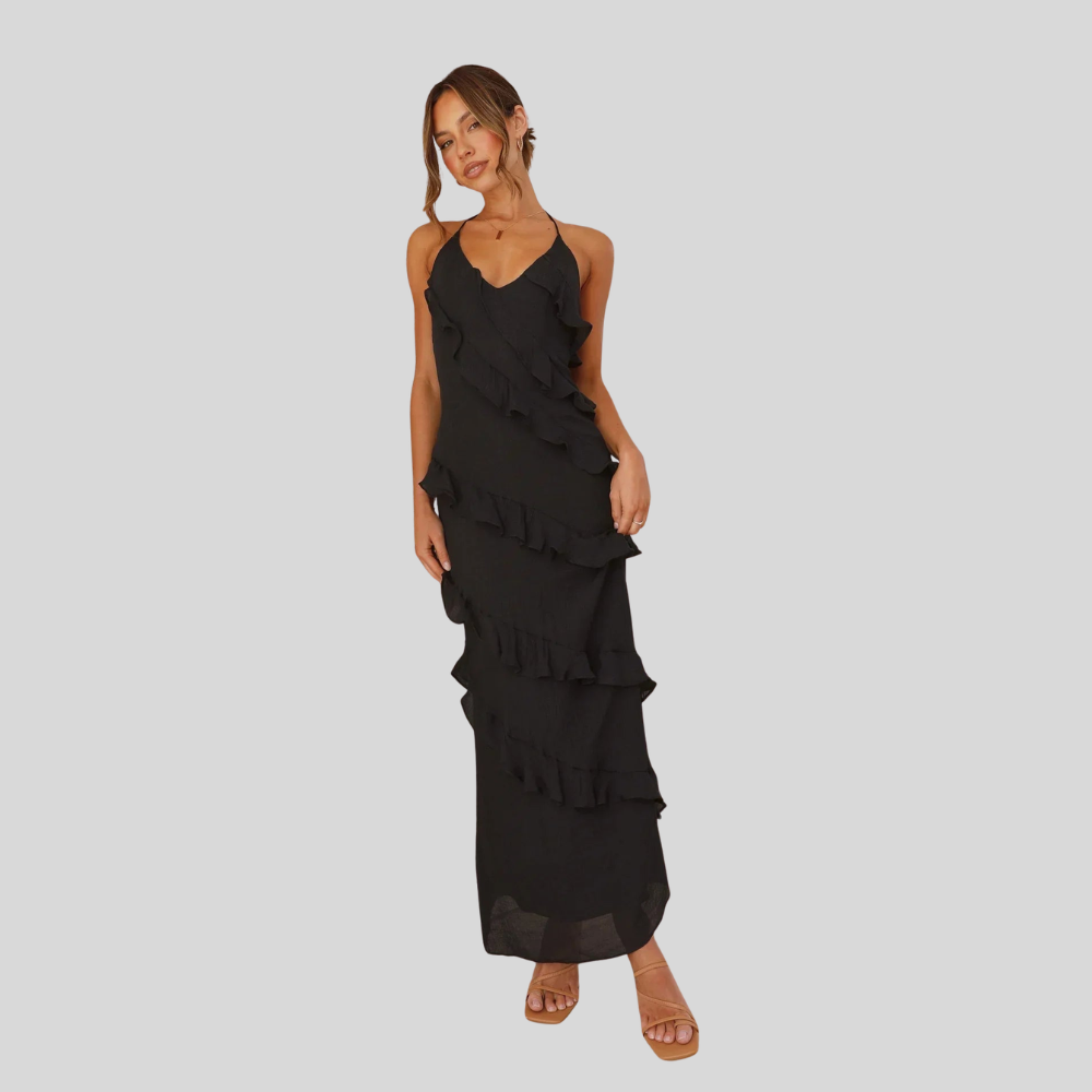 Damen Maxi-Kleid | Volantdesign, Spaghettiträger, Fliessende Silhouette & Sommerlich Eleganter Stil