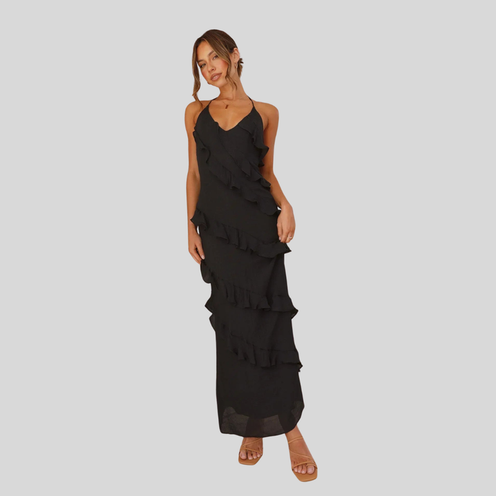 Damen Maxi-Kleid | Volantdesign, Spaghettiträger, Fliessende Silhouette & Sommerlich Eleganter Stil