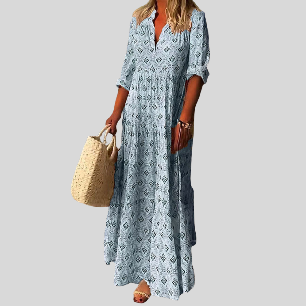 Damen Maxi-Kleid | Boho-Muster, V-Ausschnitt, Krempelärmel & Lässige Ferien-Eleganz
