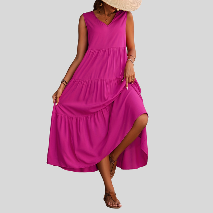 Damen Maxi-Kleid | Ärmelloses Design, V-Ausschnitt, Stufenrock & Sommerlich Eleganter Stil