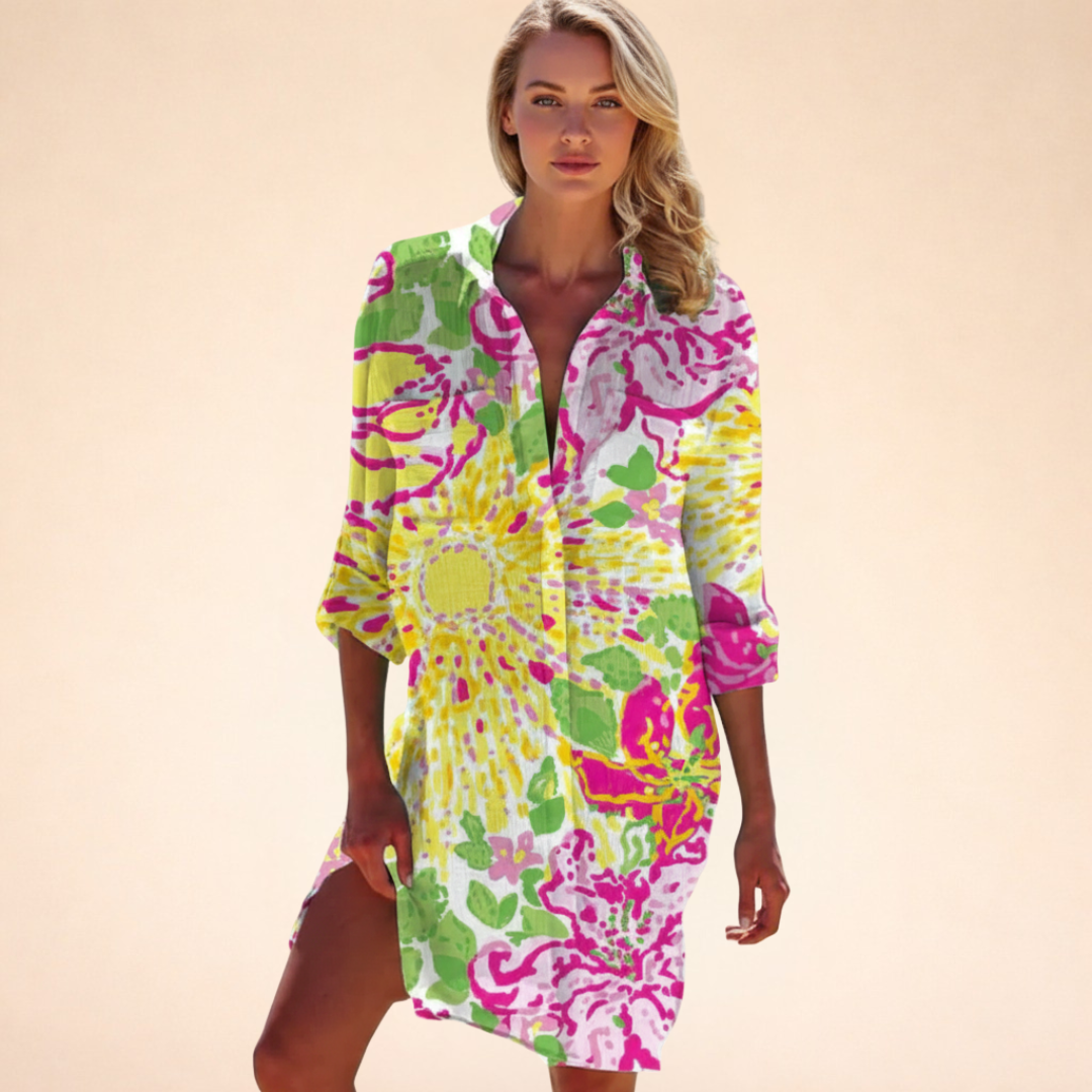 Damen Strand Hemdblusenkleid | Batik Print – Lockerer Schnitt, Knopfleiste & Sommerlicher Beach Style