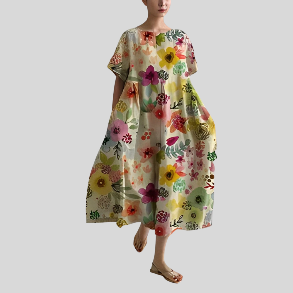 Damen Midi-Kleid | Abstrakter Blumenprint, Lockerer Schnitt, Kurzarm & Künstlerisch Modernes Design