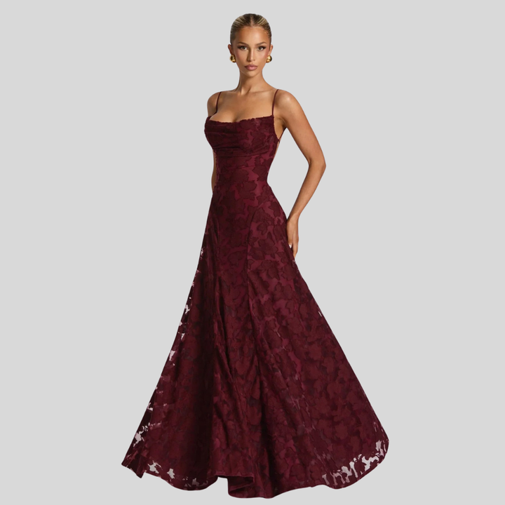 Damen Abend-Maxikleid | Florale Struktur, Spaghettiträger, A-Linien-Schnitt & Eleganter Festlicher Stil