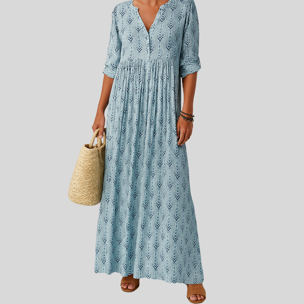 Damen Maxi-Kleid | Boho-Muster, V-Ausschnitt, Krempelärmel & Lässige Ferien-Eleganz