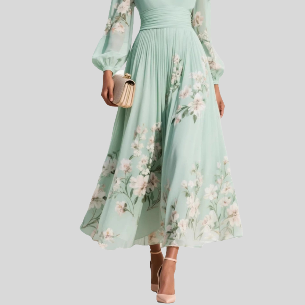 Damen Midi-Kleid | Blumenmuster, V-Ausschnitt, Puffärmel & Eleganter Festlicher Stil